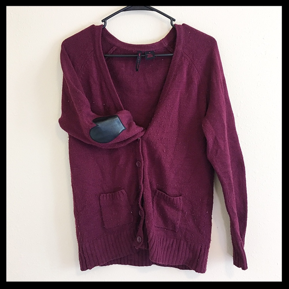 Maroon cardigan with leather heart elbow patches