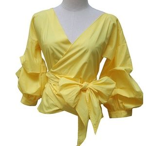 BRAND NEW Yellow criss cross puff sleeve top
