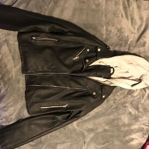 Faux leather jacket with a grey hoodie attached
