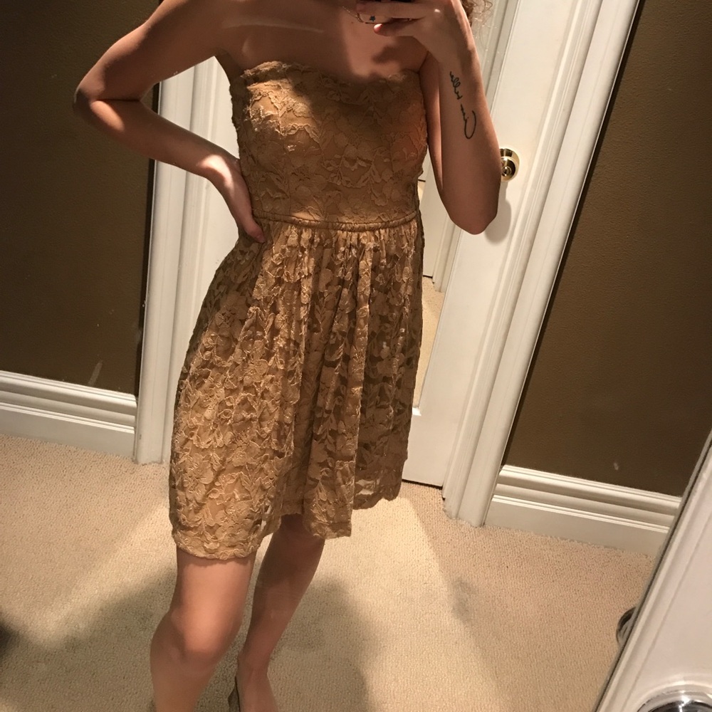 tan lace dress with bow back
