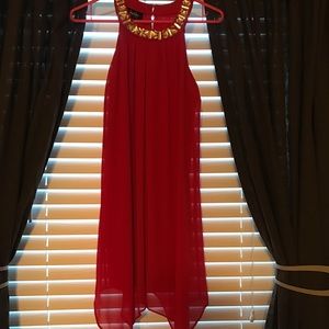 Red dress with a beaded neckline