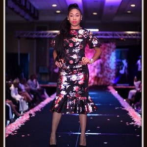 Black Floral Print Scuba Knit Dress