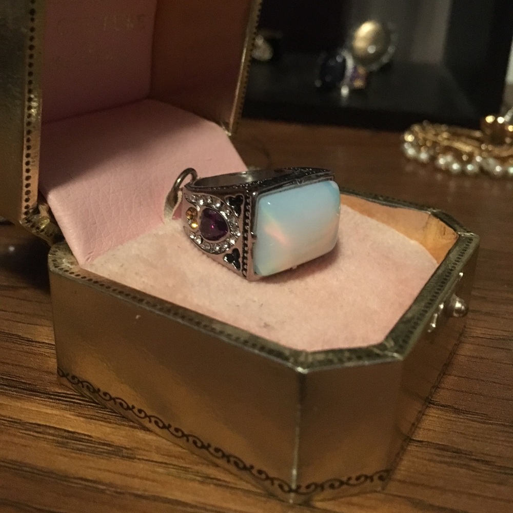 Opalite stainless Steele ring w purple crystal 6