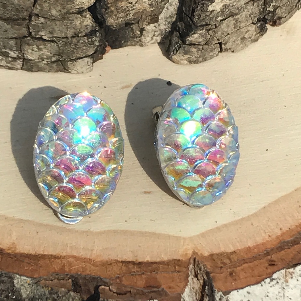 Mermaid Clip On Earrings Iridescent Scales