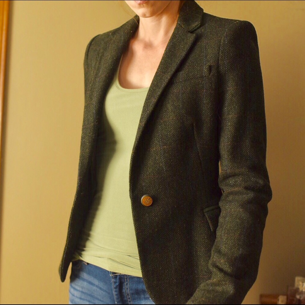 Zara Green Tweed Blazer with Elbow Patches Size XS