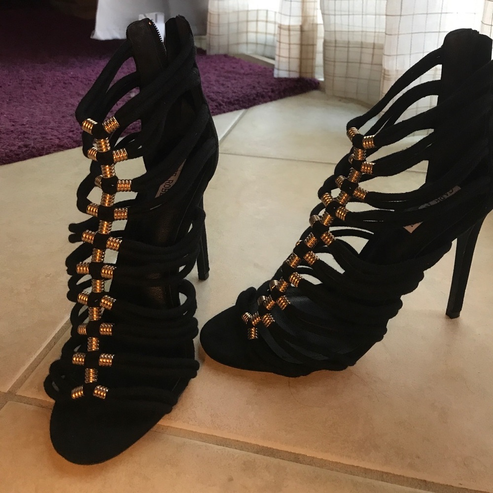 Black Strappy Heels w/ gold accents