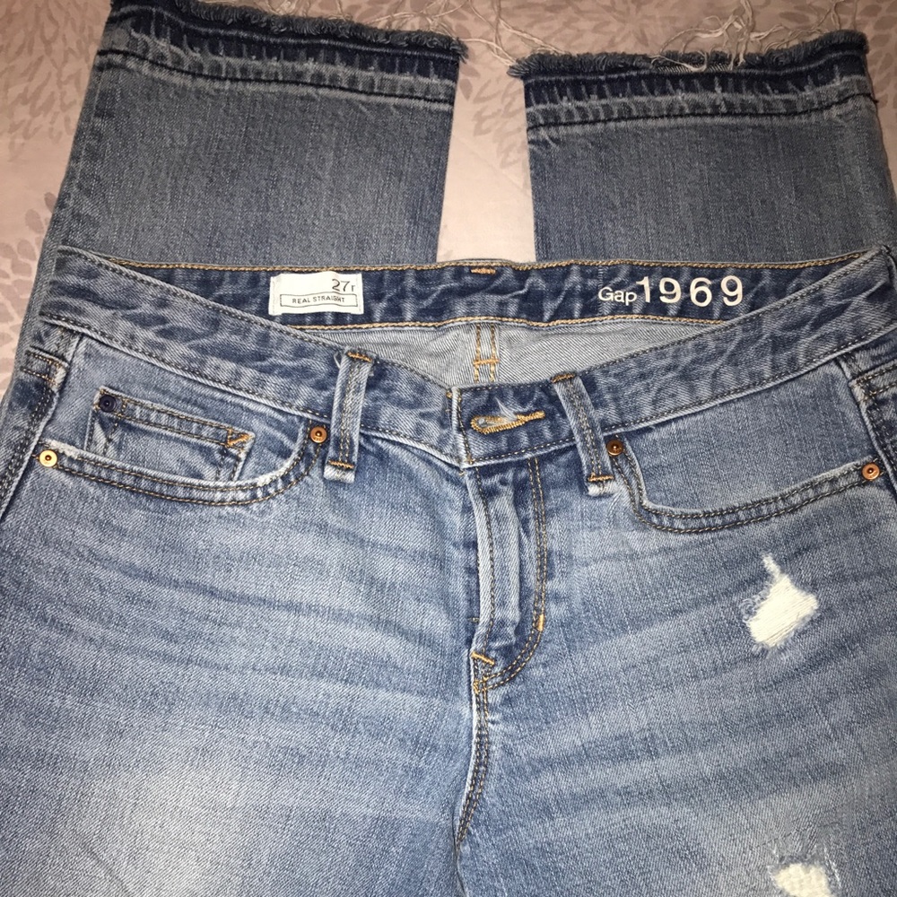 Gap real straight jeans with distressing
