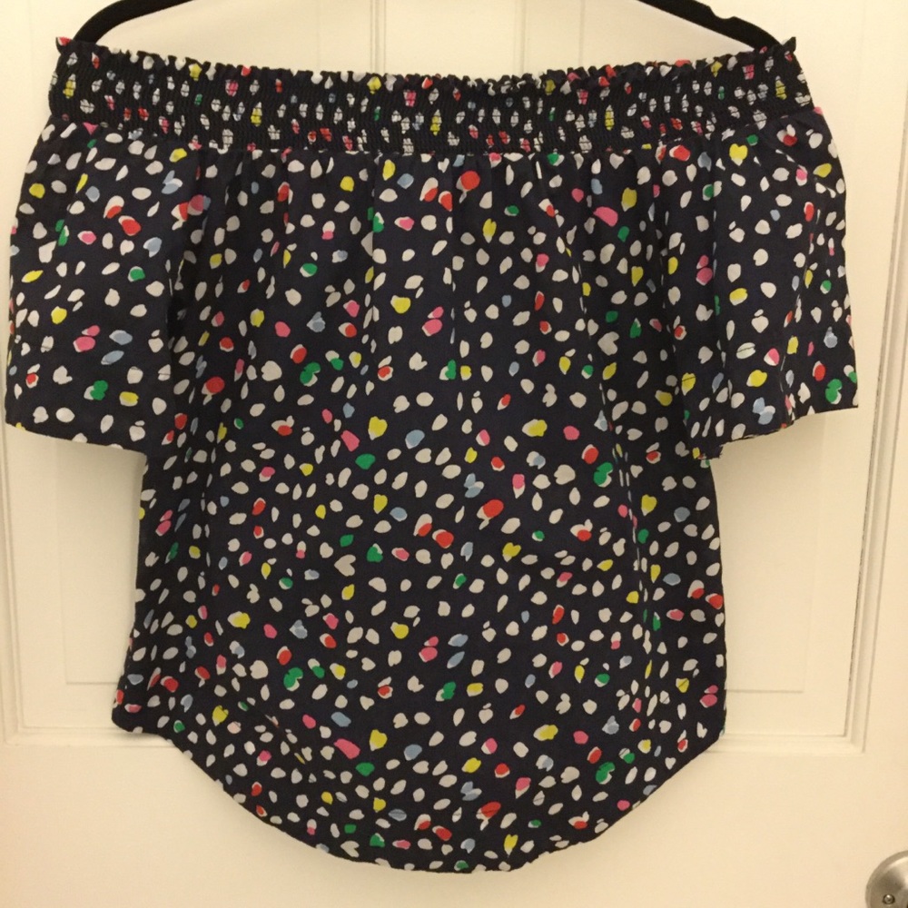 J crew off the shoulder polka dot top.