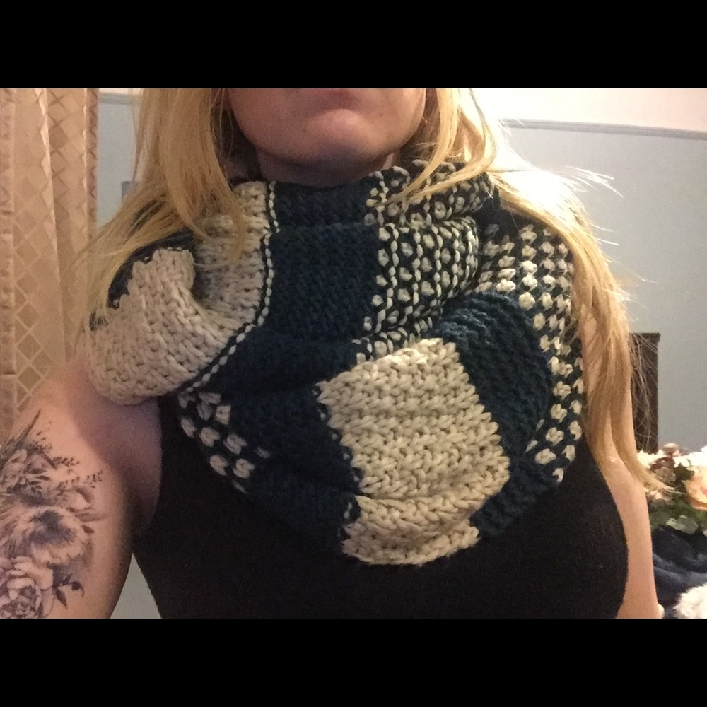 Striped Green & Cream Knit Circle Scarf