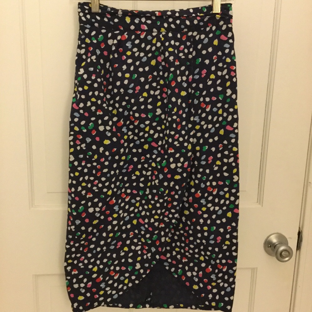 J crew navy multi dot midi skirt.