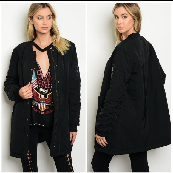  SALE TILL MIDNIGH Long Black Bomber Jacket - Picture 2 of 8