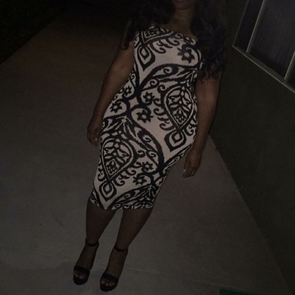 Stretch Tan Midi Tube Dress w/ Black Print - L/XL