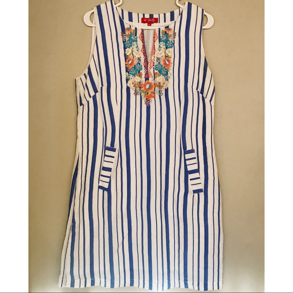 Derhy Blue & White Stripe Floral Embroidered Dress