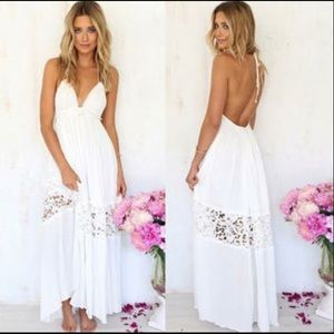 white backless  lace stitch maxi dress