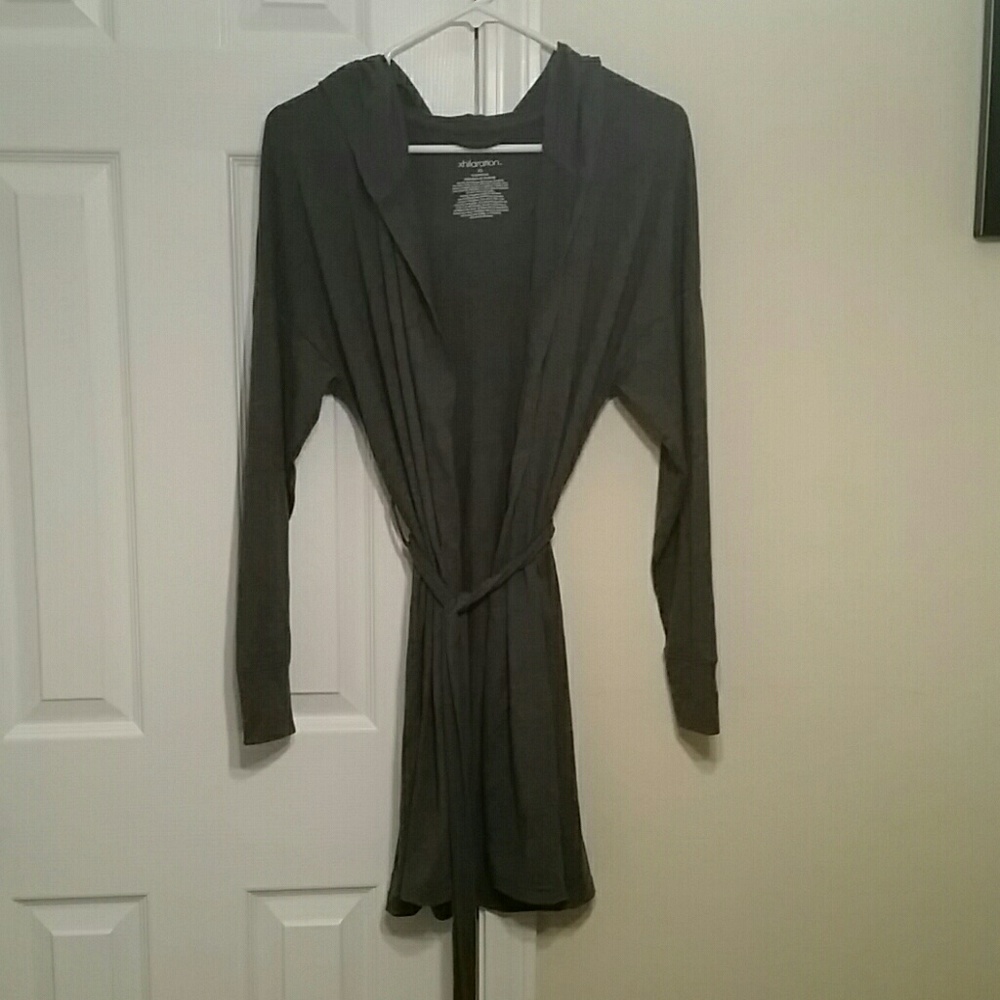 Grey long sleeve hooded cardigan with tie waist