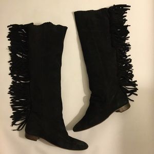 Zara black suede fringe slouchy flat boot
