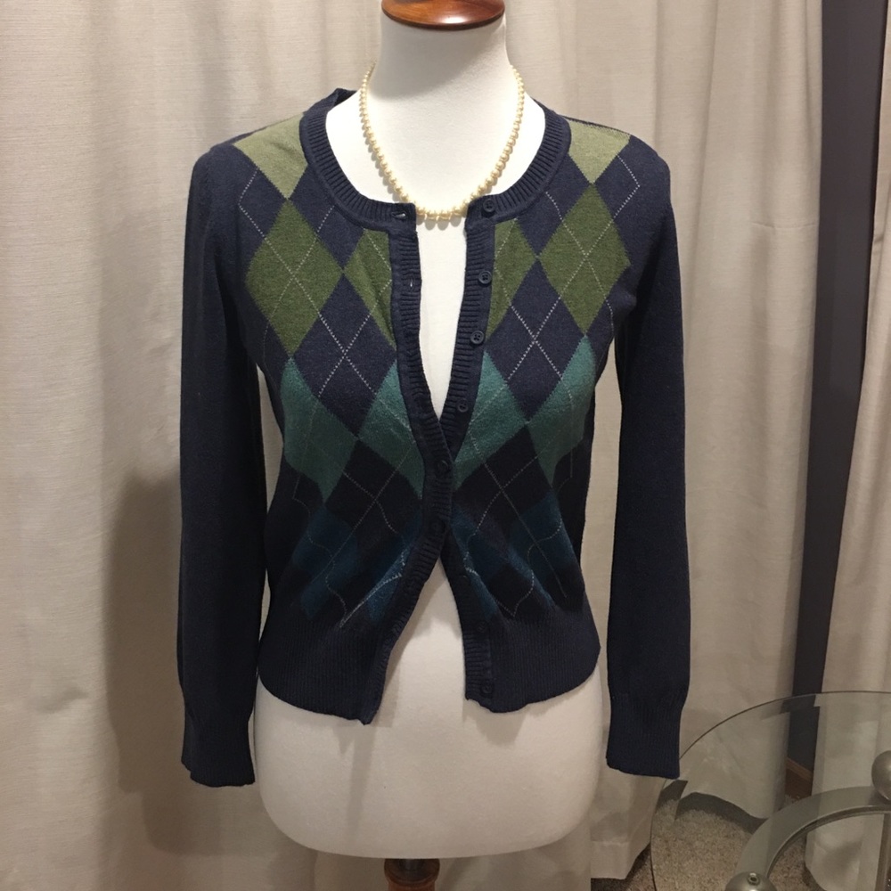 Blue argyle cardigan