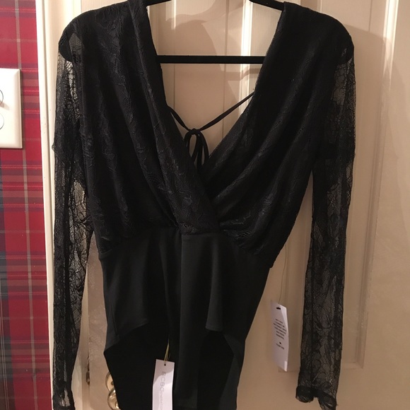 BCBG Black Lace Derp V Bodysuit NWT - Picture 1 of 4