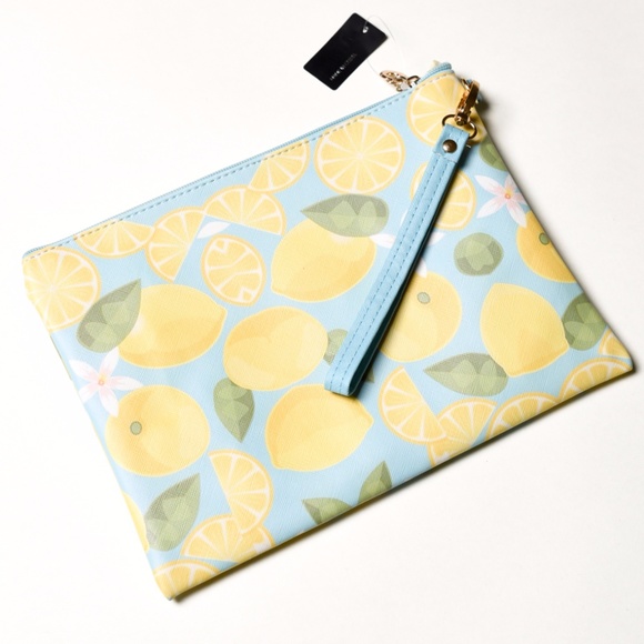 Minky Handbags - NWT Super Cute Blue/Yellow Lemon Print Pouch Bag