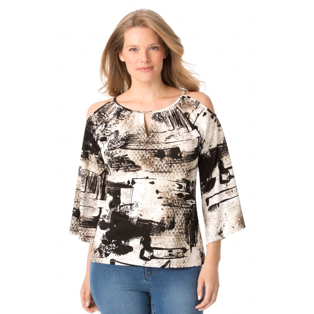 ESSENTIALS by Milano 3X Cold Shoulder Crepe Top - Picture 1 of 8