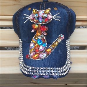 Crystal cat denim cap