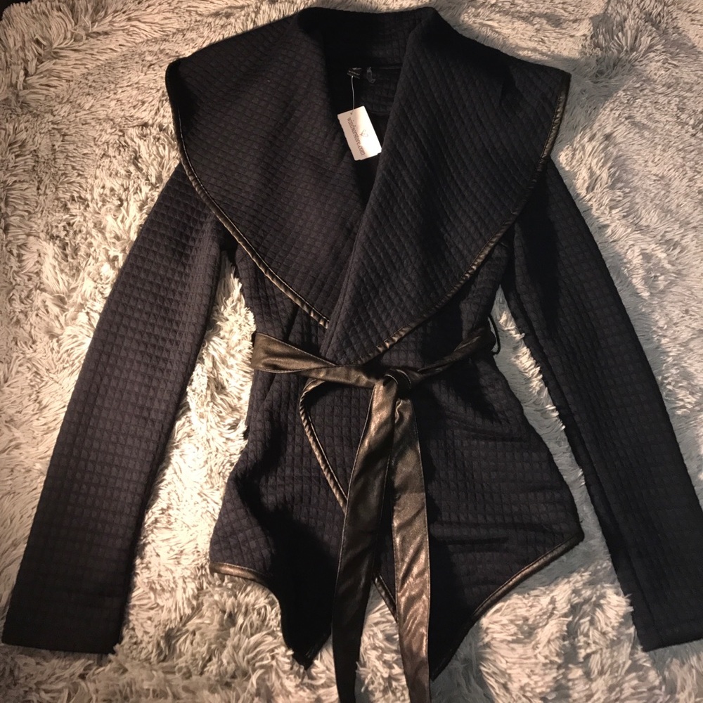 Navy Blue Quilted Coat with Faux Leather Trim 🍁🍂