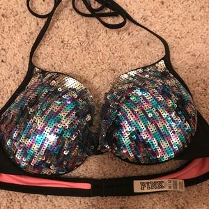 PINK Sequined Halter Swim Top