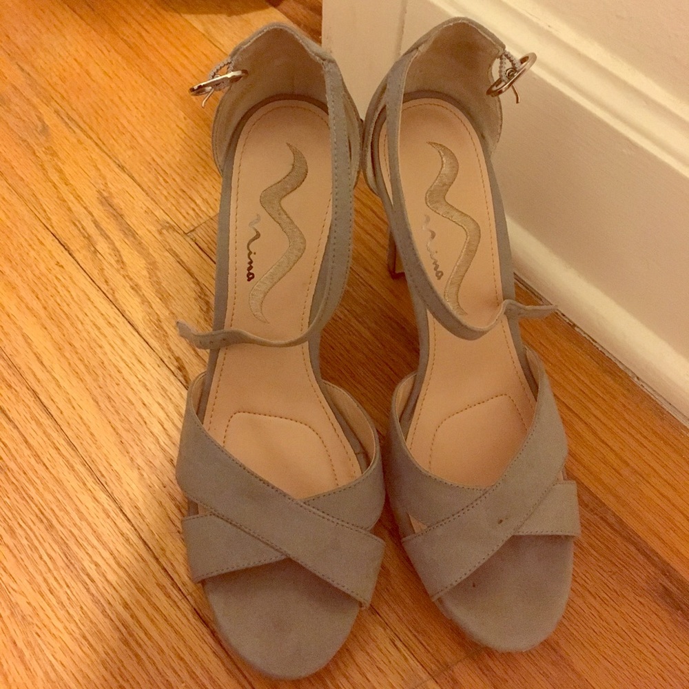 Gray suede jeweled high heels