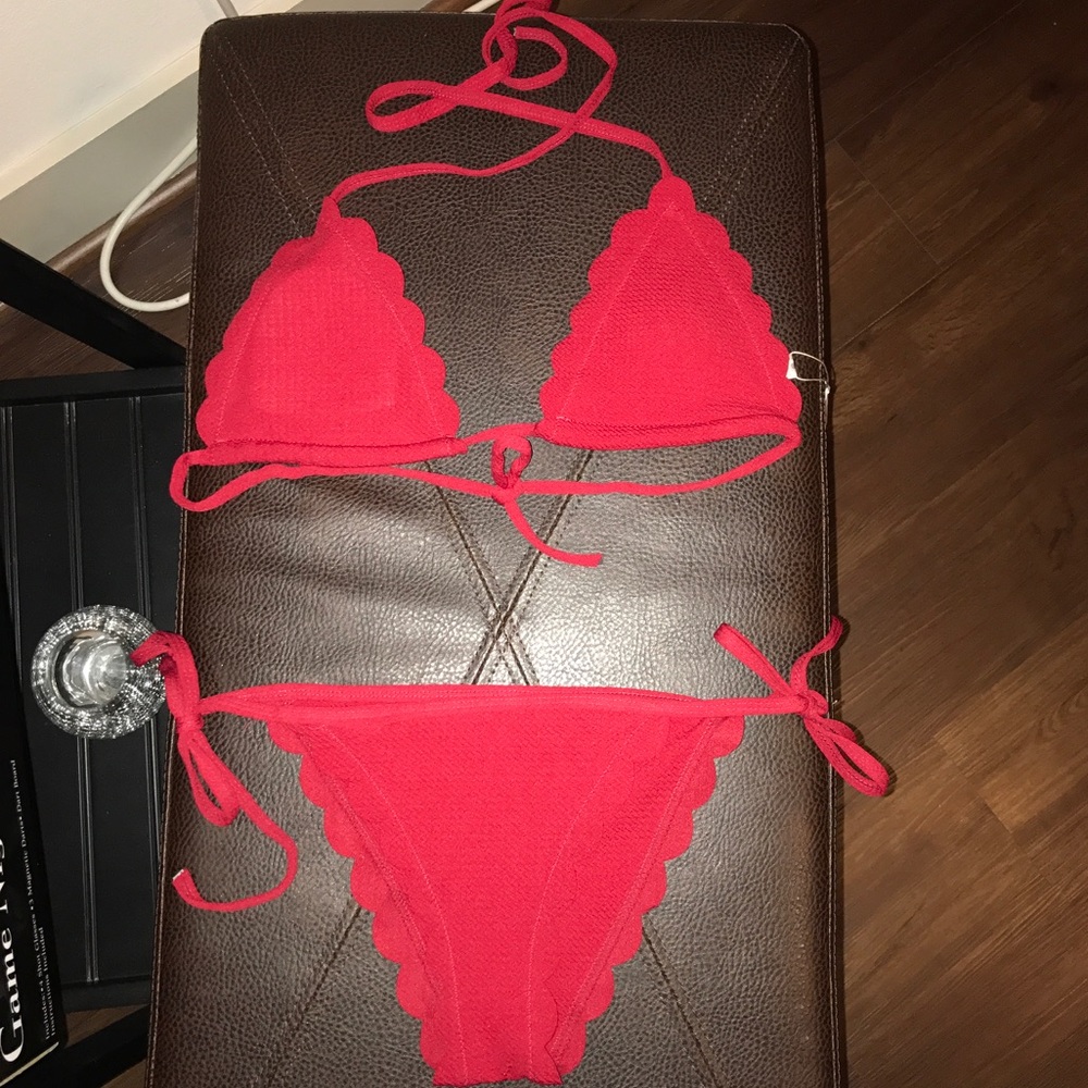 Scalloped Red String Bikini