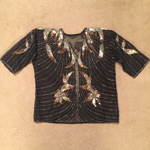 Vintage sequined and beaded sheer v neck top