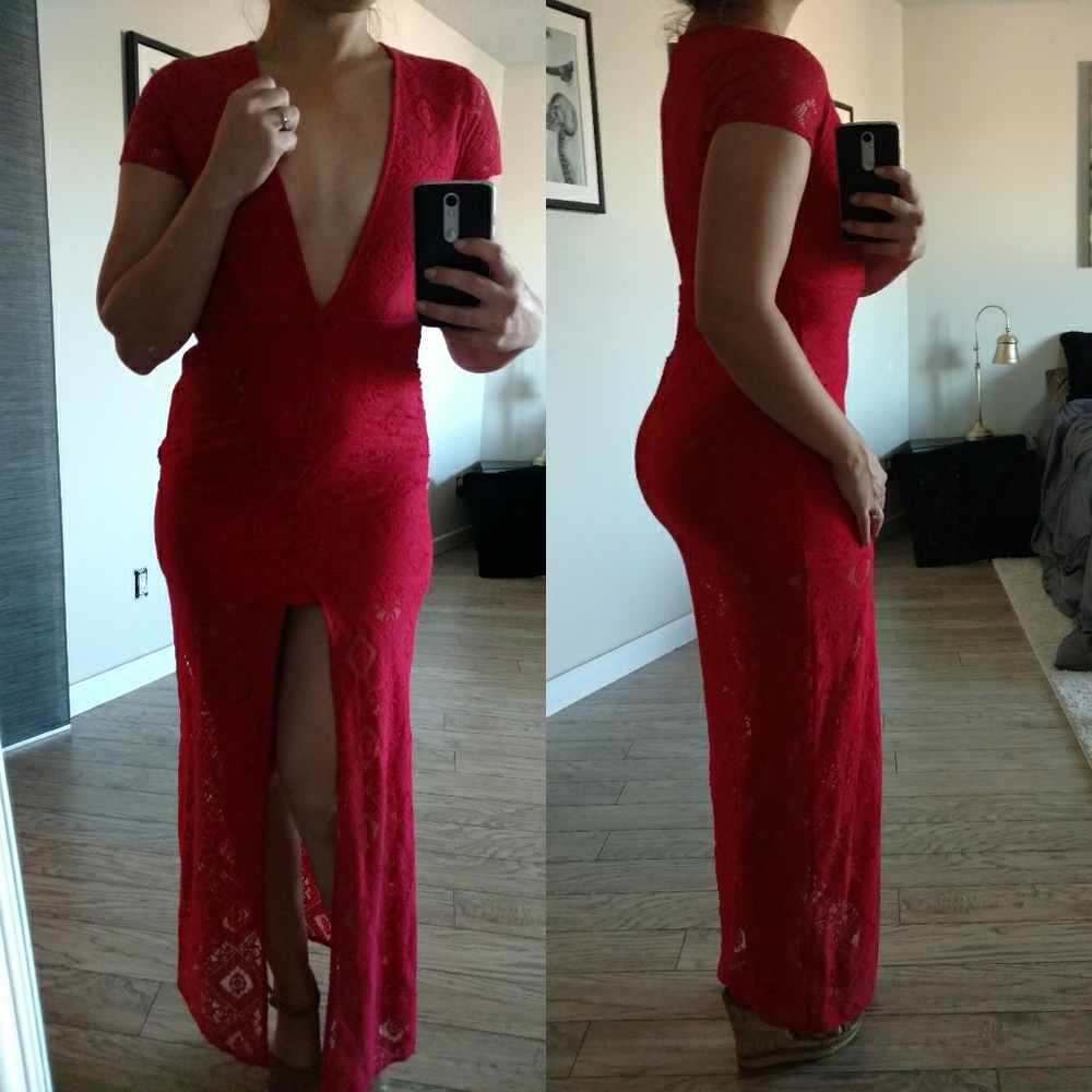 NWOT Plunging red dress with slit in front