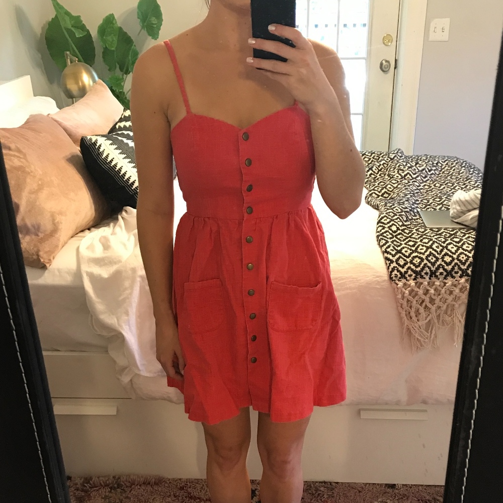 Urban Outfitters Coral Linen Snap Up Dress-