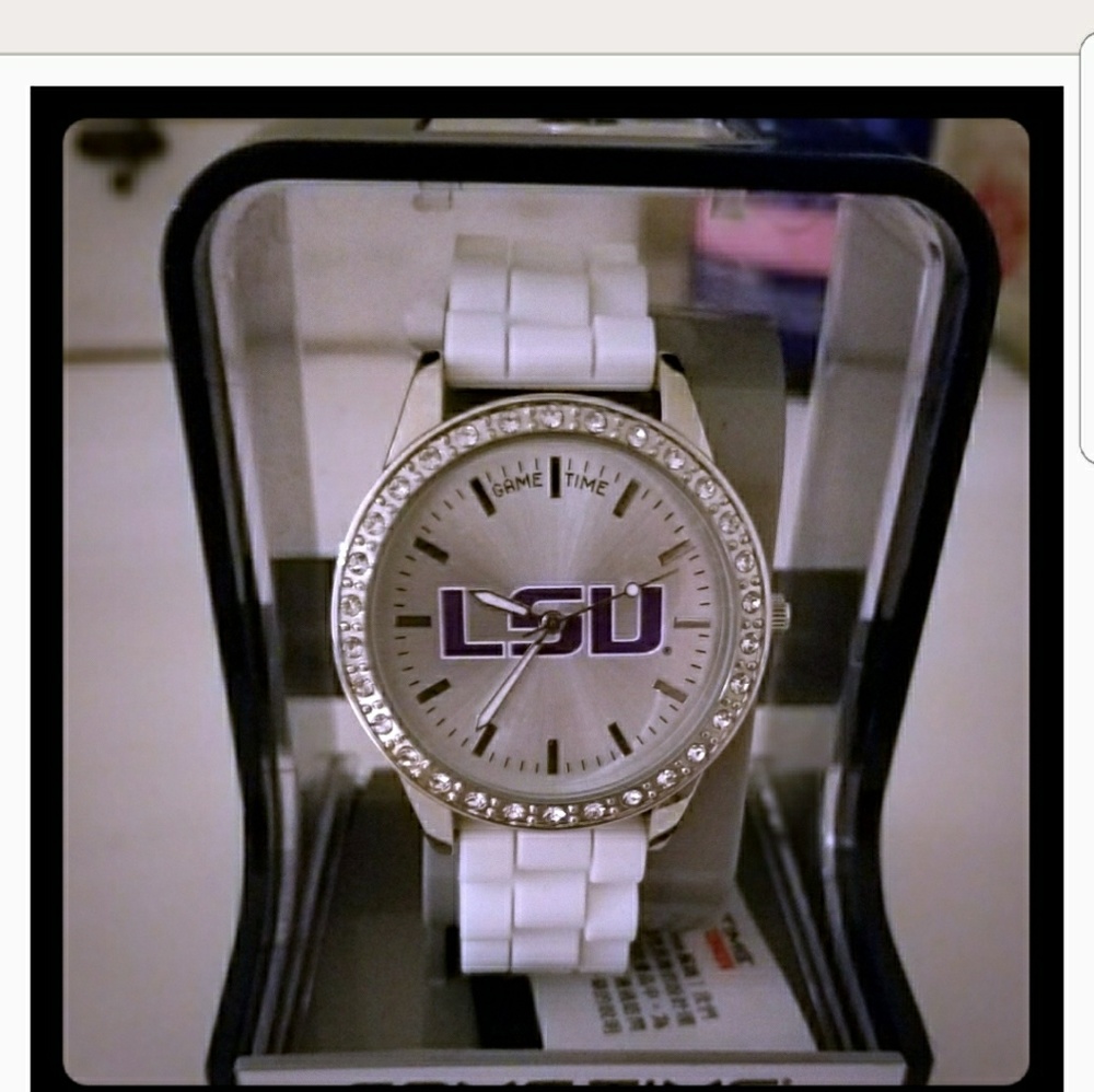 White LSU Game Time sports watch with crystals