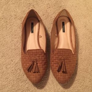 Brown faux suede smoking loafers
