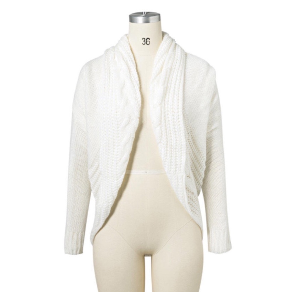 Shawl Collar Open Front Cable Knit Cocoon Sweater - Picture 5 of 6