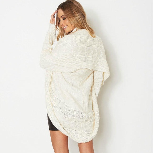 Shawl Collar Open Front Cable Knit Cocoon Sweater - Picture 3 of 6