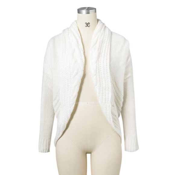 Shawl Collar Open Front Cable Knit Cocoon Sweater - Picture 5 of 6