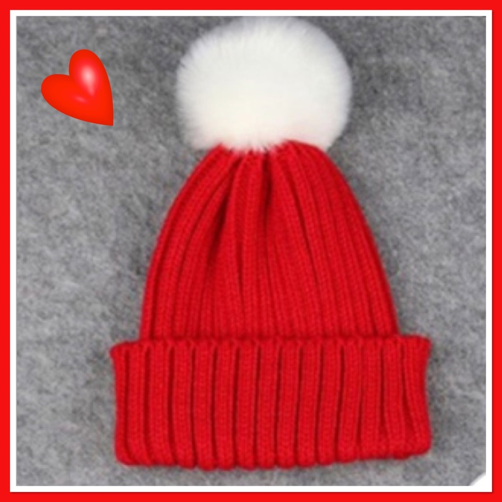 Red and White Pom Pom Beanie