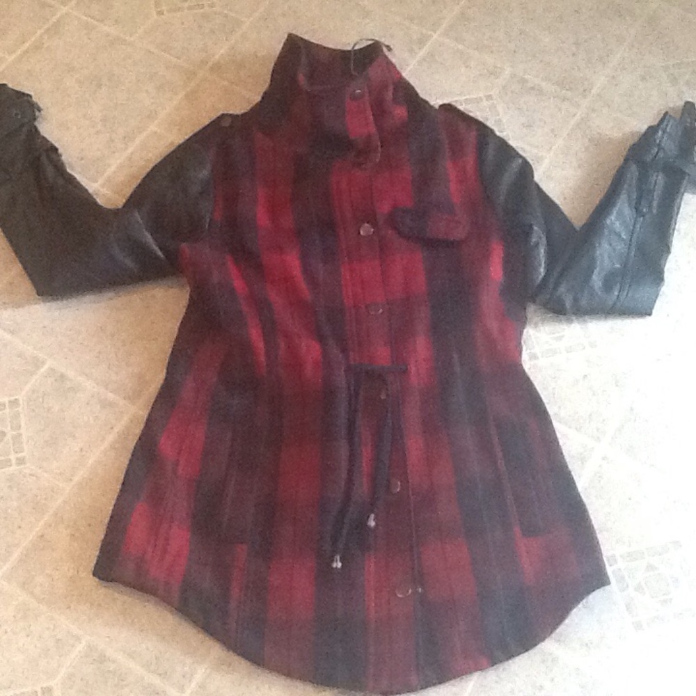 Nasty Gal leather sleeved plaid tie waist leather sleeve jacket