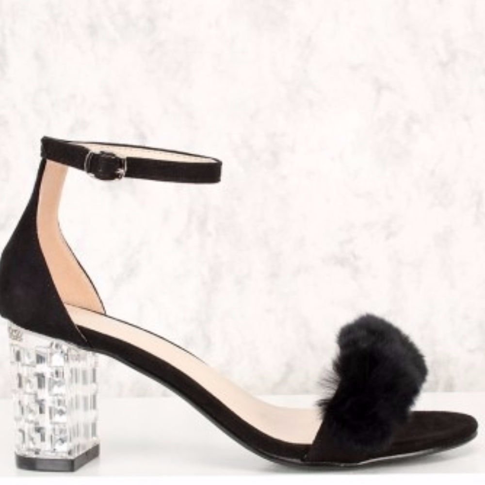 Black Open Toe Clear Gemstone Chunky Heels
