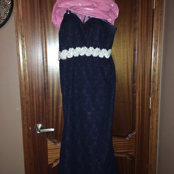 Navy blue lace prom or brides maid dress.