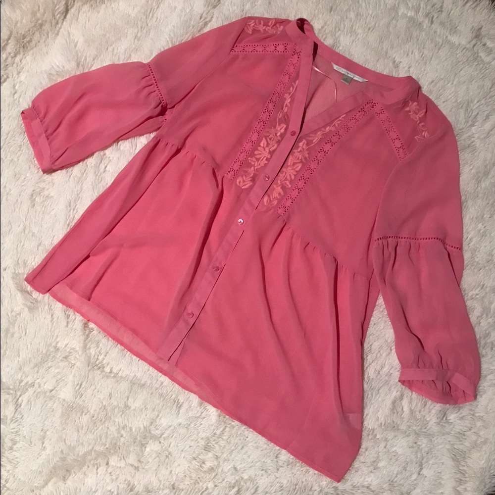 Pink button up blouse with lace detail