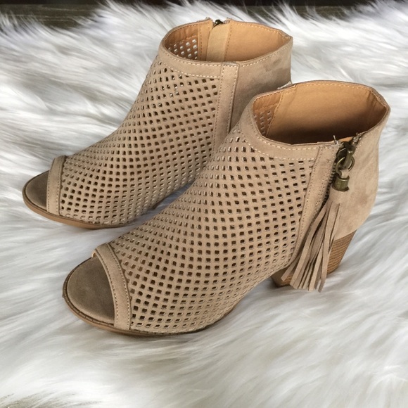 Taupe Vegan Suede Leather Peep Toe Bootie - Picture 2 of 6
