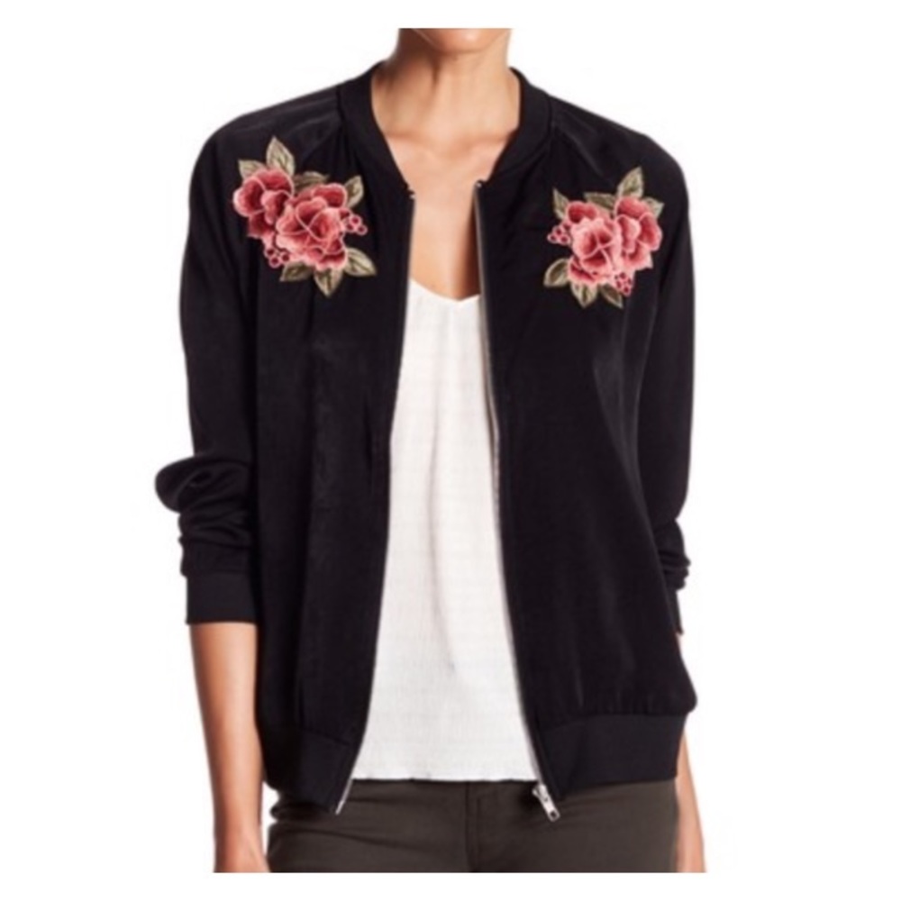 NWT Black Embroidered Rose Floral Bomber Jacket S