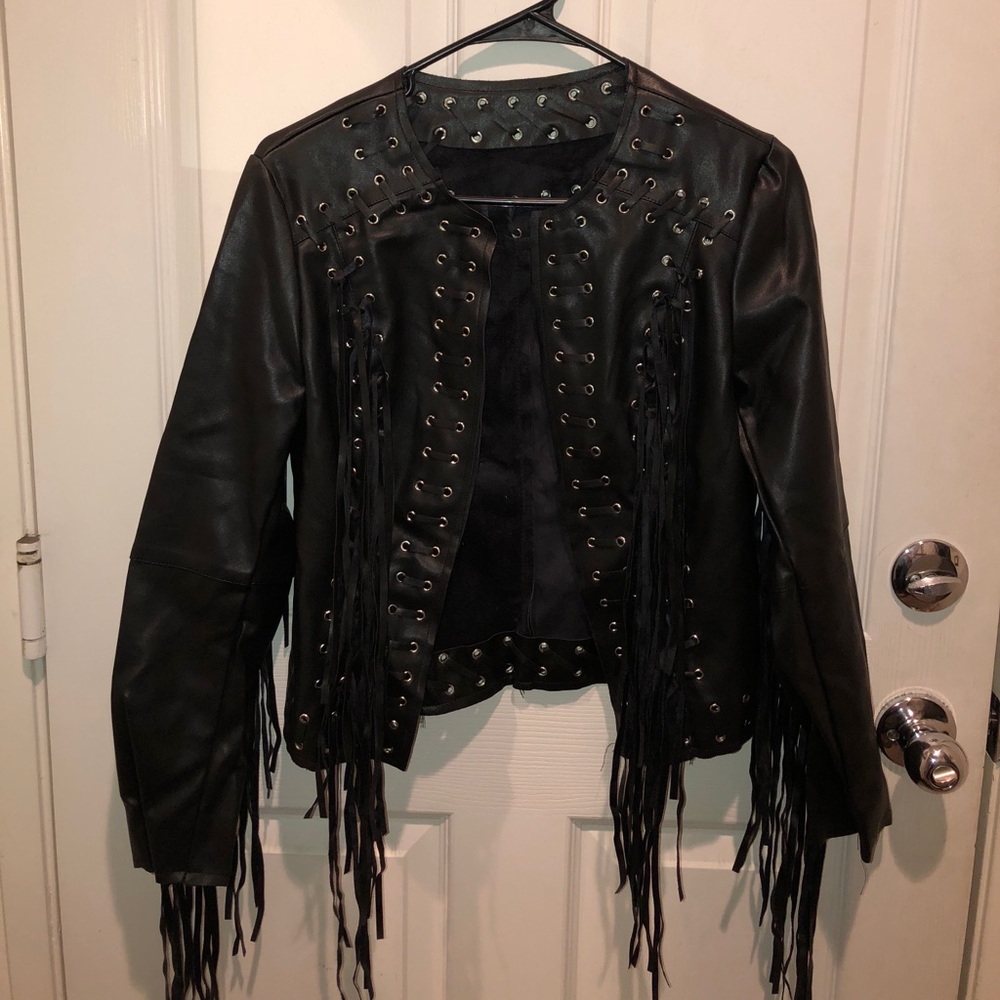 BNWT faux Black leather fringe Moto jacket