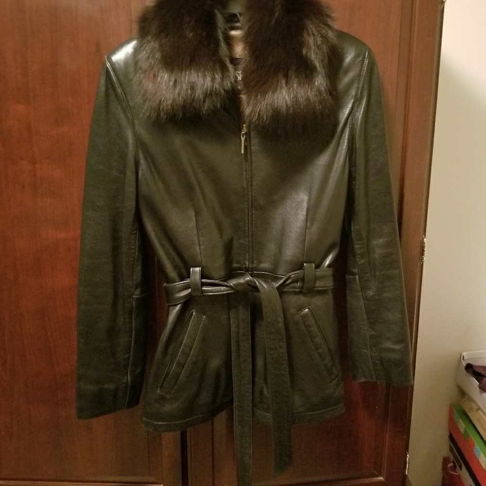 Kasper Black Leather Coat Size Small