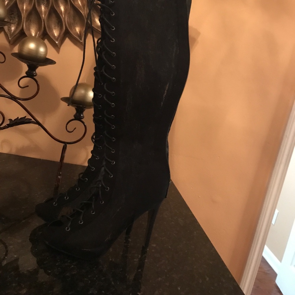 Black lace thigh high boots