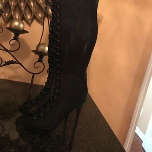 Black lace thigh high boots