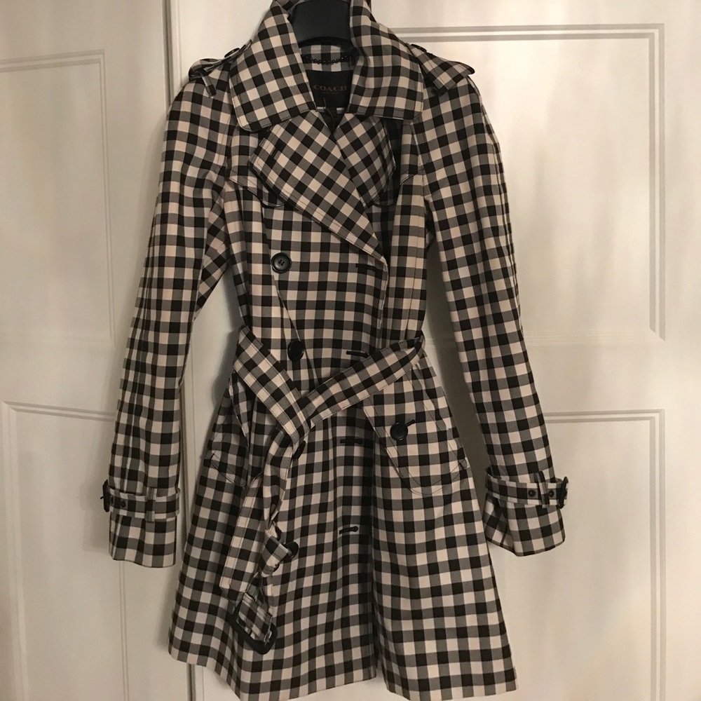 Black and white checkered coach trenchcoat