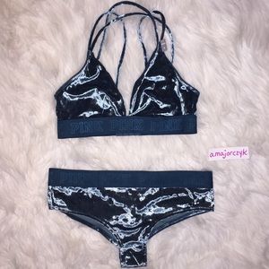 S/M VELVET VS PINK Bralette Cheeky Set Blue New